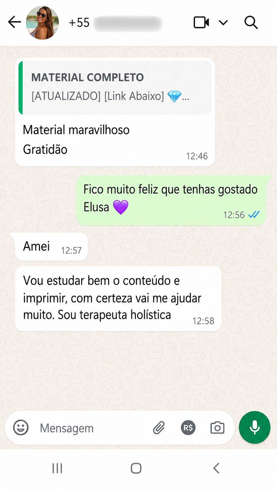Depoimento de cliente 2 enviado por mensagem